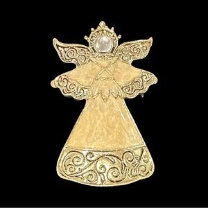 Angel Brooch Gold Tone Cream Enamel